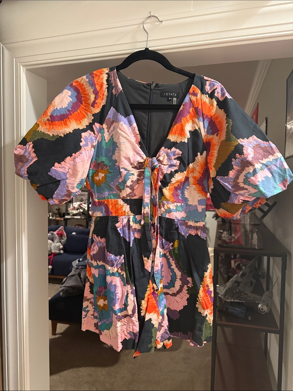 STATE Black Multicolor Floral Tie-Front Puff Sleeve Top